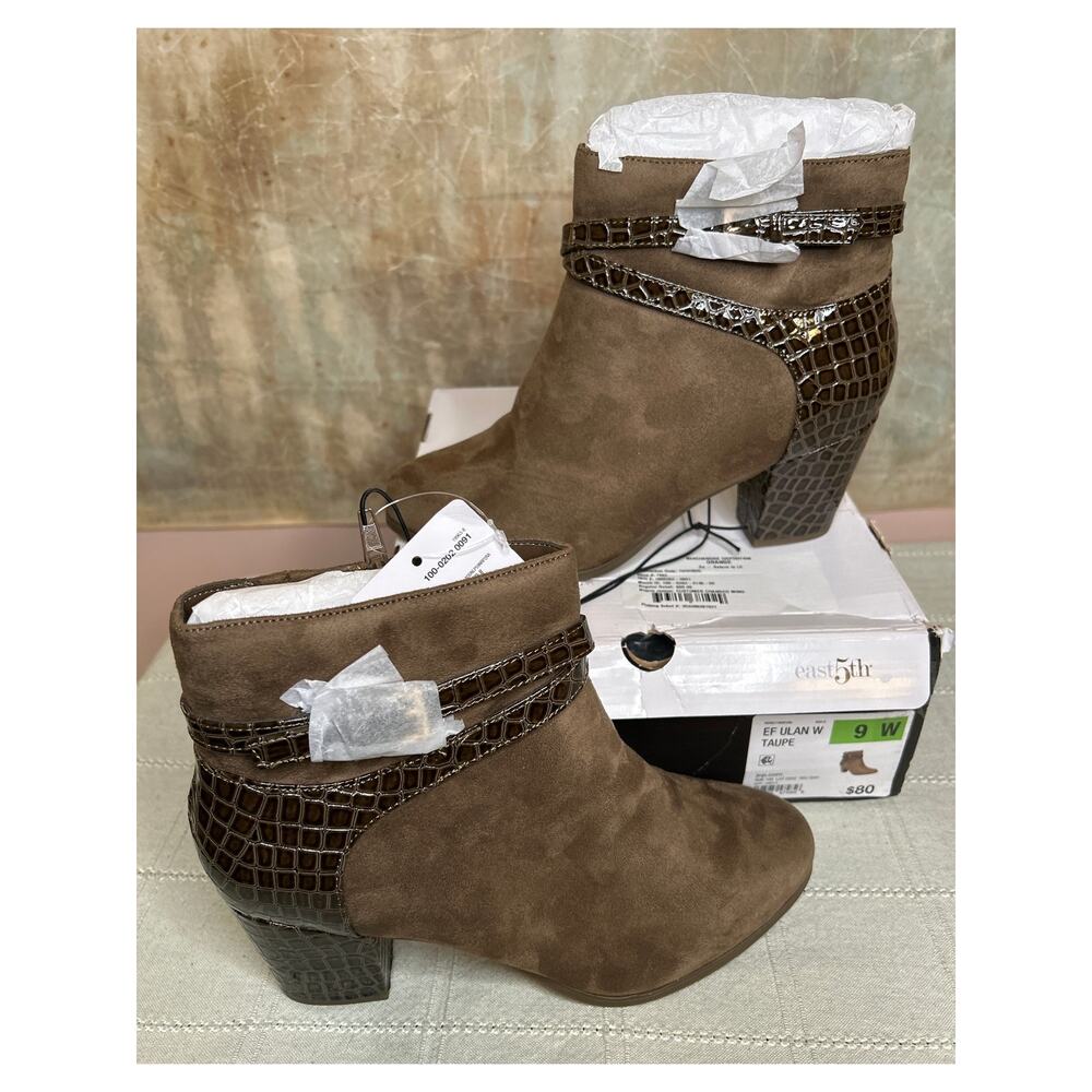 East 5th EF Ulan Women's Ankle Boots Taupe Size 9 W Wide Croc Embossed Heel NEW